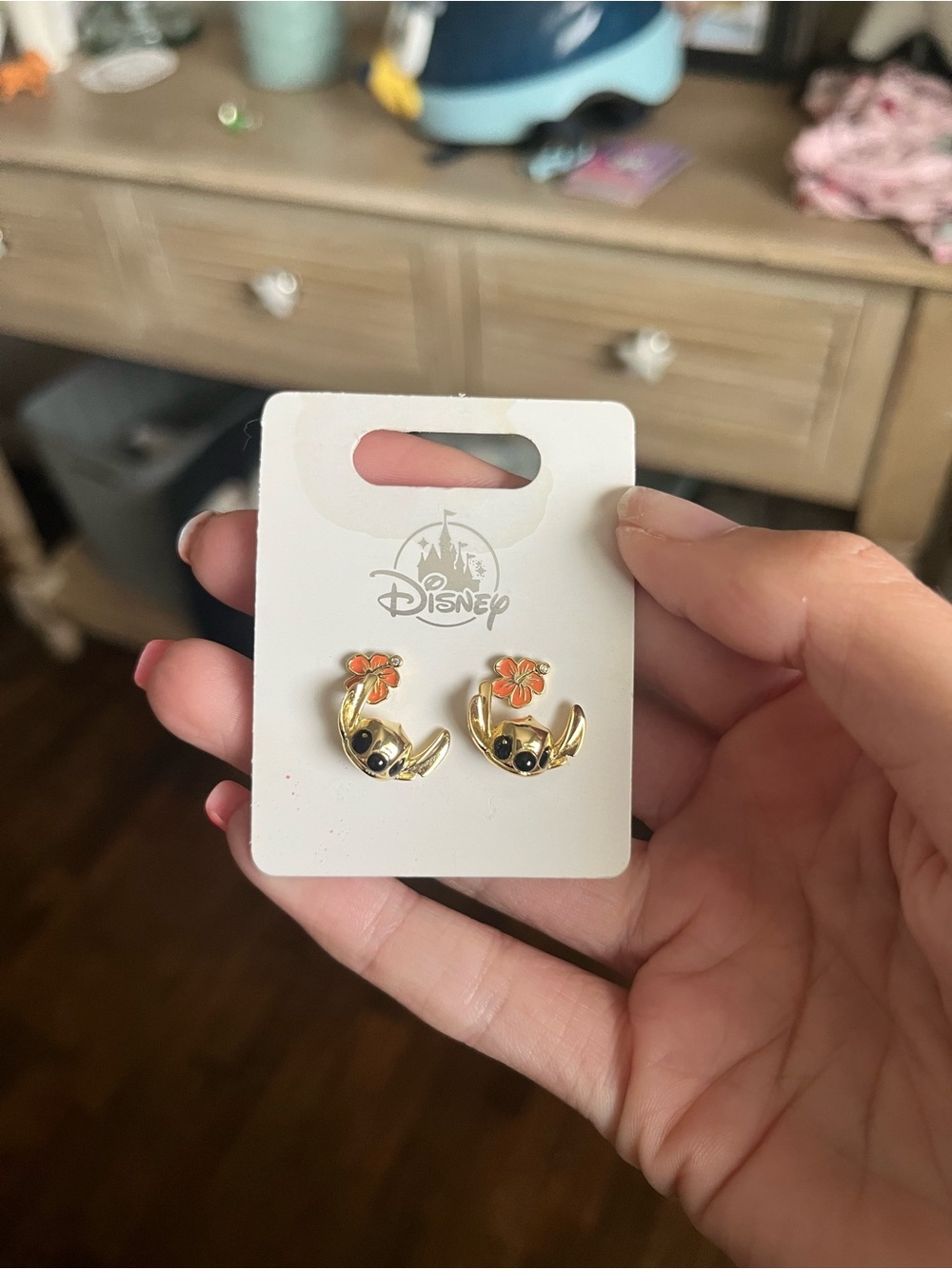 Disney Gold Stitch Flower Stud Earrings - Orange Accent